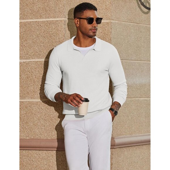 Men's Knit Polo Long Sleeve V-Neck Pullover Sweaters Collared Knitted White - Picture 3 of 6